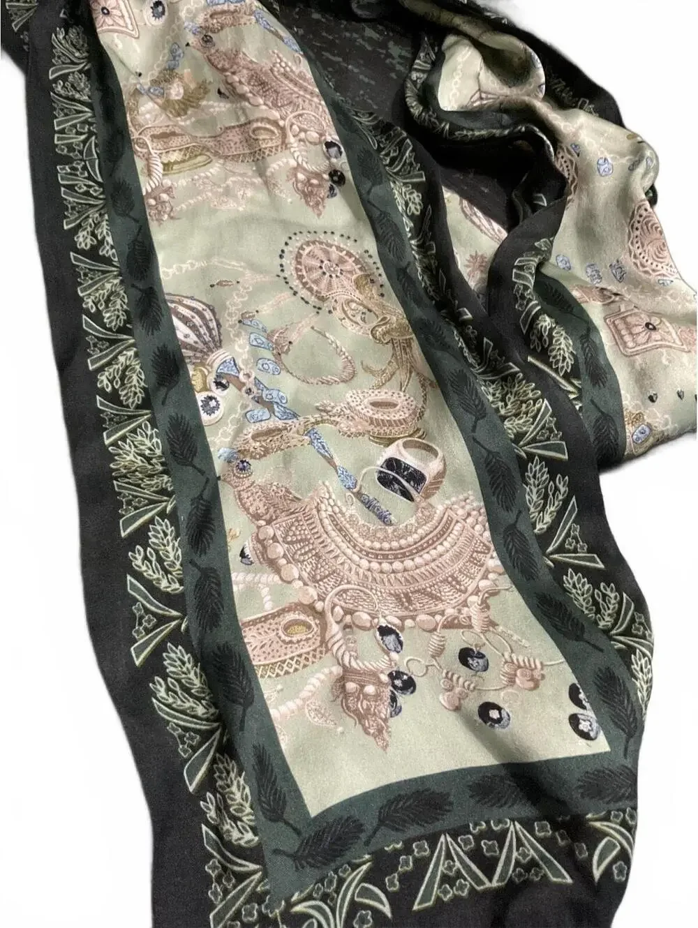 Elegant Silk Green and Beige/Gold Patterned Scarf with Intricate Border Design